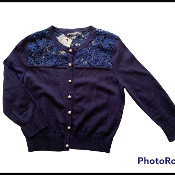 Karl Lagerfeld navy cardigan w  lace shoulders size M - Picture 1 of 7